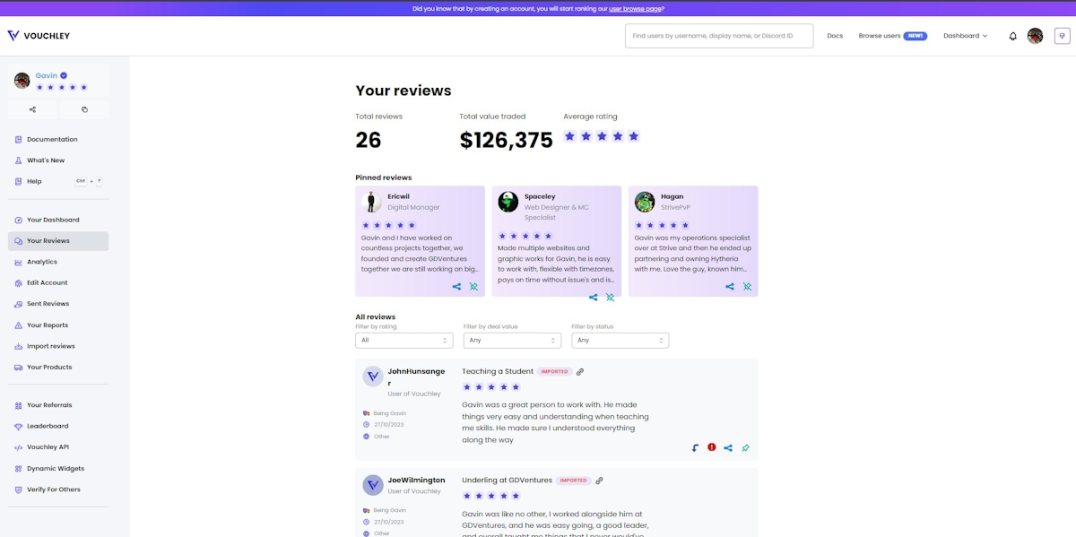 Vouchley reviews dashboard